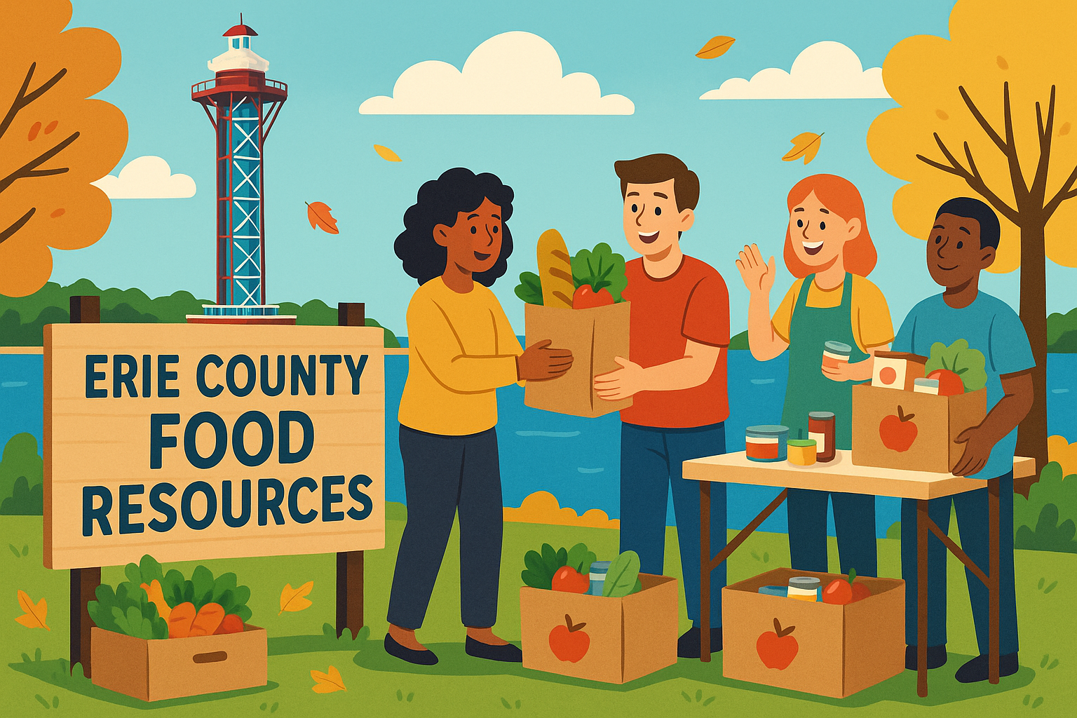 Cartoon-style illustration of Erie, Pennsylvania’s waterfront featuring the Bicentennial Tower in the background. In the foreground, diverse community volunteers distribute boxes of fresh food and canned goods beside a large sign reading “Erie County Food Resources,” surrounded by autumn trees and falling leaves.